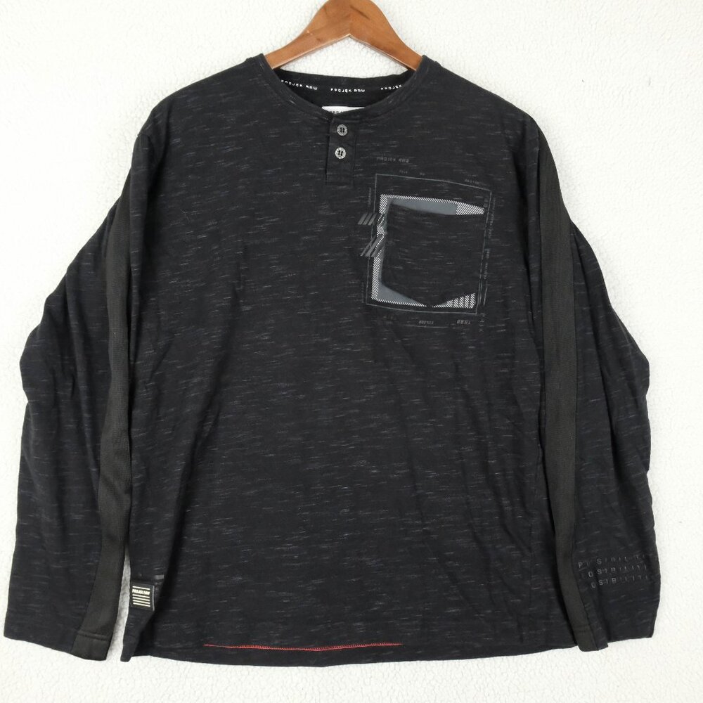 Projek Raw Shirt Mens Medium Black Striped Henley Long Sleeve Tee Lightweight